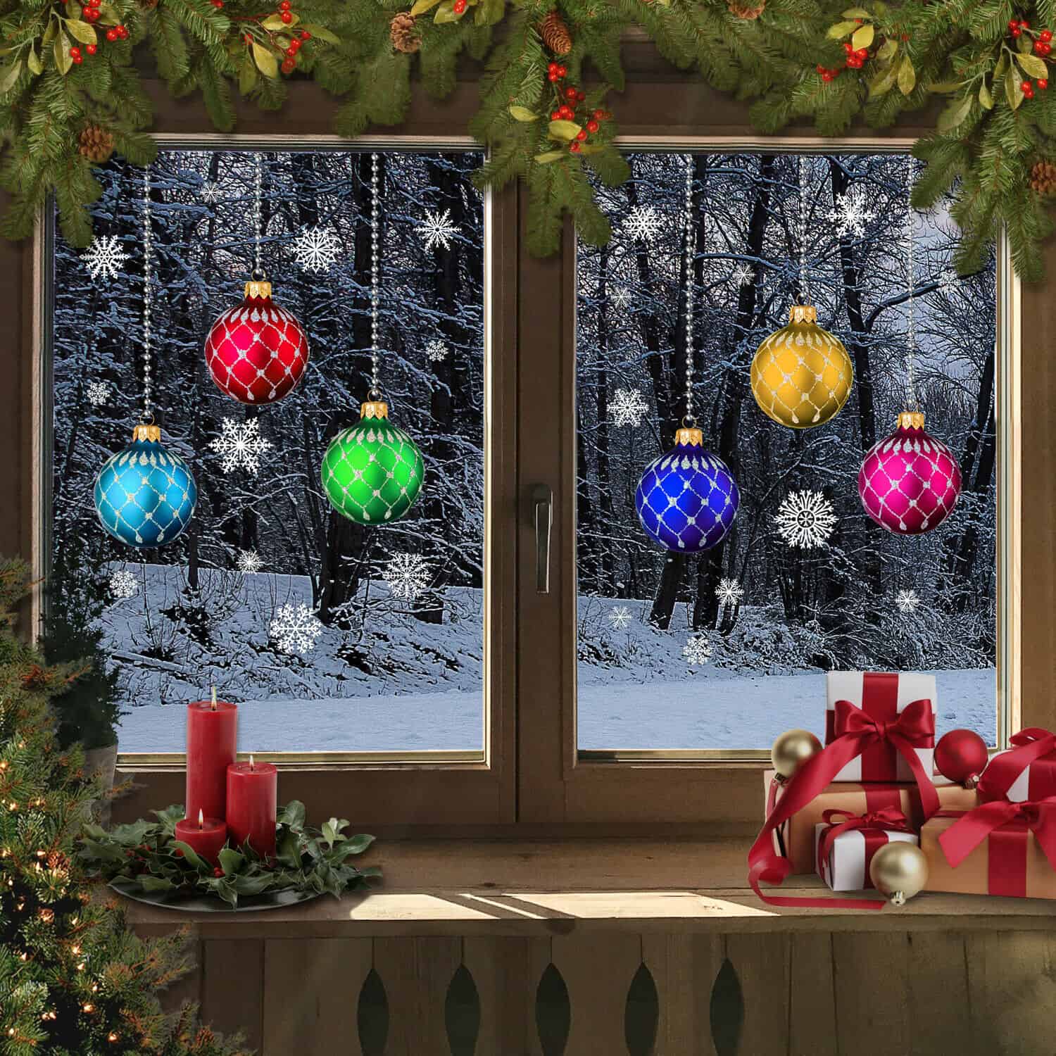 Christmas Stained Glass Bauble Snowflakes Window Stickers Clings   S L1600 8 1 